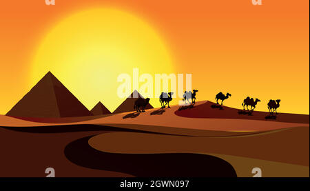 Silhouette Camels in Desert Scene Stock Vector