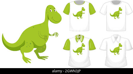 Dinosaur cartoon character logo on different white shirt with green short sleeves isolated on white background Stock Vector