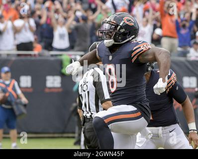 Chicago, United States. 03rd Oct, 2021. Chicago Bears running back Damien Williams (8) celebrates his third quarter touchdown against the Detroit Lions at Soldier Field in Chicago on Sunday, October 3, 2021. The Bears won 24-14. Photo by Mark Black/UPI Credit: UPI/Alamy Live News Stock Photo