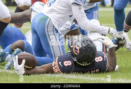 Chicago, United States. 03rd Oct, 2021. Chicago Bears running back Damien Williams (8) scores a third quarter touchdown against the Detroit Lions at Soldier Field in Chicago on Sunday, October 3, 2021. The Bears won 24-14. Photo by Mark Black/UPI Credit: UPI/Alamy Live News Stock Photo