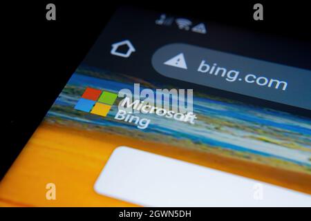 Microsoft BING search engine website in Google Chrome browser seen on smartphone screen. Selective focus. Stafford, United Kingdom, October 3, 2021. Stock Photo