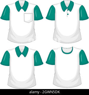 Set of different white shirts with green short sleeves isolated on white background Stock Vector