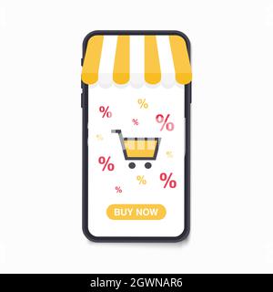 Online shopping background, with illustrations of mobile phones and simple shopping bags. Vector Stock Vector