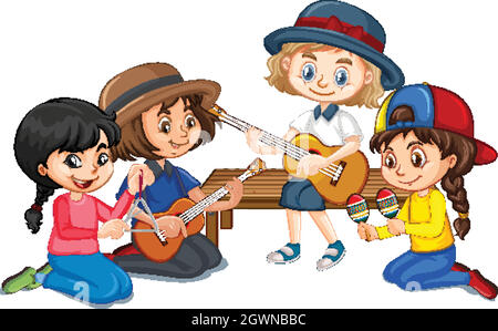 Group of girls playing different instruments on white background Stock Vector