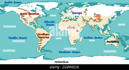 World map with continents names and oceans Stock Vector