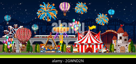 Themepark scene with many rides and happy children illustration Stock ...