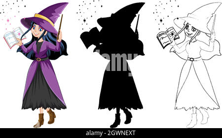 Witch with magic wand in color and outline and silhouette cartoon character isolated on white background Stock Vector