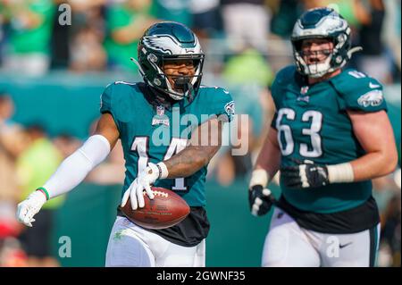 Philadelphia Eagles running back Kenneth Gainwell (14) reacts to the  touchdown during the NFL football game against the Jacksonville Jaguars,  Sunday, Oct. 2, 2022, in Philadelphia. (AP Photo/Chris Szagola Stock Photo  - Alamy