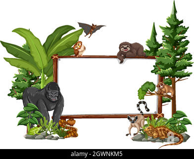 Empty banner with wild animals and rainforest trees on white background Stock Vector