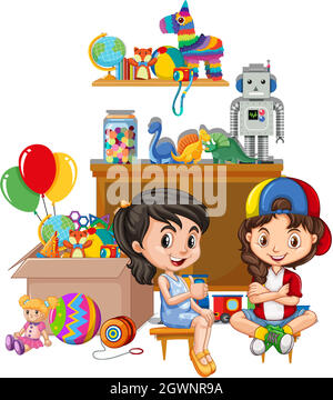 Shelf and box full of toys on white background Stock Vector