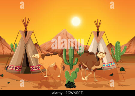 Camels and teepee in desert Stock Vector