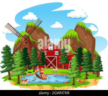 Farm with red barn and windmill on white background Stock Vector