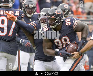 Chicago, United States. 03rd Oct, 2021. Chicago Bears defensive tackle Bilal Nichols (98) celebrates his fumble recovery against the Detroit Lions at Soldier Field in Chicago on Sunday, October 3, 2021. The Bears won 24-14. Photo by Mark Black/UPI Credit: UPI/Alamy Live News Stock Photo