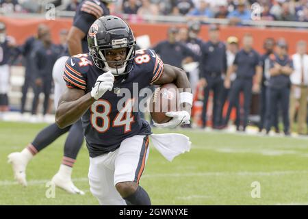 Chicago, United States. 03rd Oct, 2021. Chicago Bears wide receiver Marquise Goodwin (84) runs the ball against the Detroit Lions during the first half at Soldier Field in Chicago on Sunday, October 3, 2021. The Bears won 24-14. Photo by Mark Black/UPI Credit: UPI/Alamy Live News Stock Photo