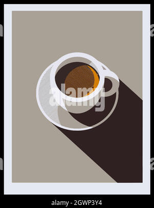 Minimal design poster. Cup of coffee on a gray background. View from above. Stock Vector