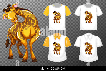 Set of different shirts with giraffe cartoon character isolated on transparent background Stock Vector