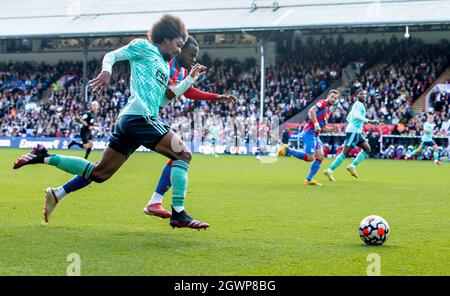 London, UK. 03rd Oct, 2021. Hamza Choudhury of Leicester City FC takes the ball forward being shadowed by Tyrick Mitchell of Crystal Palace FC during the Premier League match between Crystal Palace and Leicester City at Selhurst Park, London, England on 3 October 2021. Photo by Phil Hutchinson. Editorial use only, license required for commercial use. No use in betting, games or a single club/league/player publications. Credit: UK Sports Pics Ltd/Alamy Live News Stock Photo