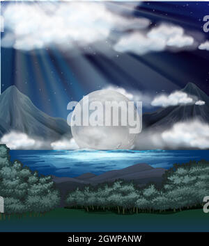 Scene with fullmoon over lake Stock Vector