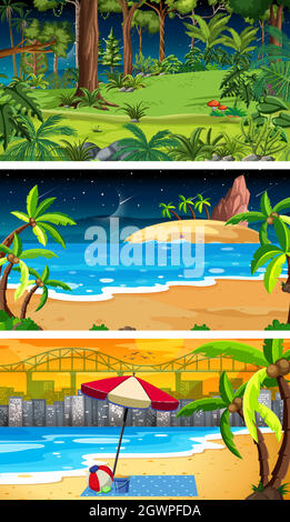Three different nature horizontal scenes Stock Vector