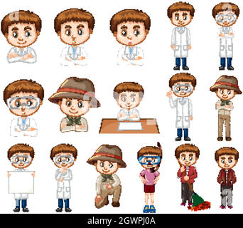 Set of boy in different costumes doing many activities Stock Vector