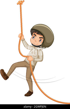 Boy in safari outfit climbing rope on white background Stock Vector