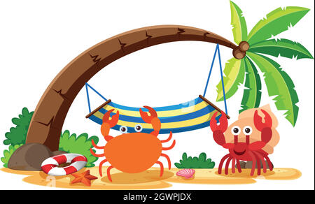 Crab and hermit crab on the beach Stock Vector