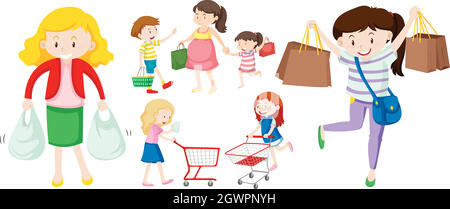 People with shopping bags and cart Stock Vector