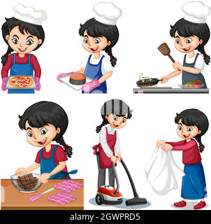 Set of a cute girl doing different activities Stock Vector