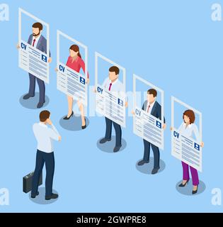 Isometric hiring and recruitment concept. HR job seeking. Online job search, human resource concept. Infographics of Business data visualization. Job Stock Vector