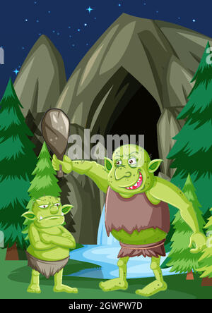 Night scene with goblin or troll cartoon character Stock Vector