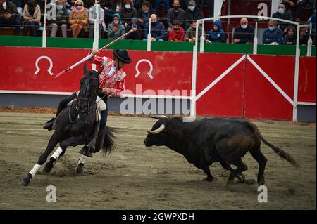 Larraga, Spain. 03rd Oct, 2021. Pablo Hermoso de Mendoza, fights a bull from the back of his horse in the bullring of Larraga. Credit: SOPA Images Limited/Alamy Live News Stock Photo