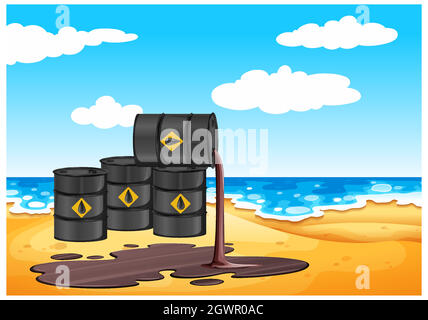 Black oil barrels with crude sign spill oil on the floor isolated on beach background Stock Vector