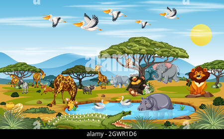 Many different animals in the forest scene Stock Vector