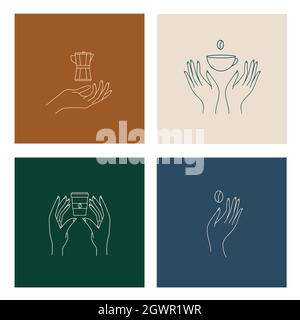 Hands with coffee cup, coffee pot and beans Logo templates set vector Stock Vector
