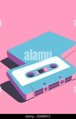 Blue cassettes tape vector illustration on pink background Stock Vector