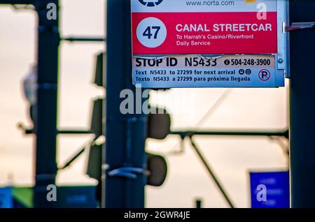 A sign designates a New Orleans streetcar stop on the Canal Street Line, Nov. 14, 2015, in New Orleans, Louisiana. Stock Photo