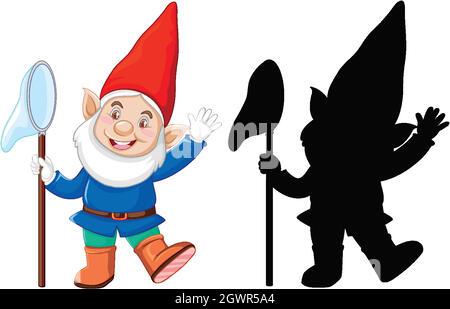 Gnome in color and outline and silhouette in cartoon character on white background Stock Vector