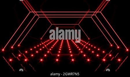 Sci Fi futuristic neon laser room with water red cybernetic underground space reflection studio Podium 3D image rendering Stock Photo