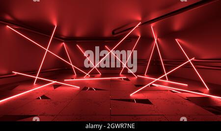 Sci Fi Futuristic Neon Laser Garage Room With Water Red Cyber Underground Warehouse Concrete Reflection Studio Podium 3D Rendering Image Stock Photo