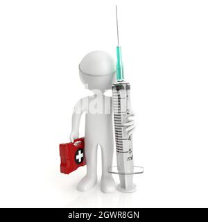 3d white person with a medical syringe, isolated white background. Person with a red medical case and a medical syringe. With medical drape. 3d illust Stock Photo