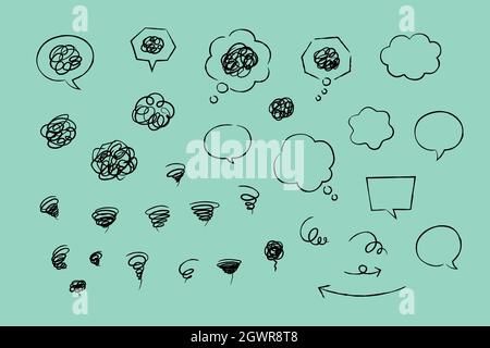 Set of hand-drawn marks and speech bubbles for a comic book design. Vector illustration isolated on a green background. Stock Vector