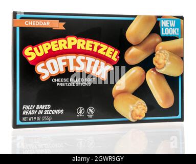 Winneconne, WI -12 September 2021:  A package of Superpretzel softstix cheese filled soft pretzel sticks on an isolated background Stock Photo