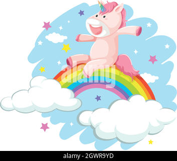 A happy unicorn on rainbow Stock Vector