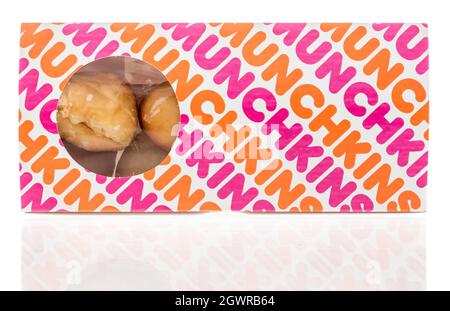 Winneconne, WI -12 September 2021:  A package of Dunkin donuts Munchkins box on an isolated background Stock Photo