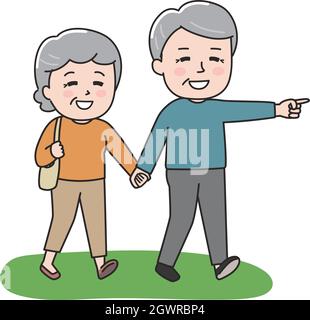 The elderly couple happily goes traveling hand in hand. Vector illustration on a white background. Stock Vector