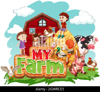 Font design for word my farm with animals and kids Stock Vector
