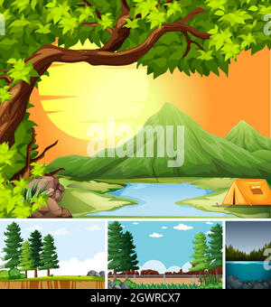 Four different scenes in nature setting cartoon style Stock Vector