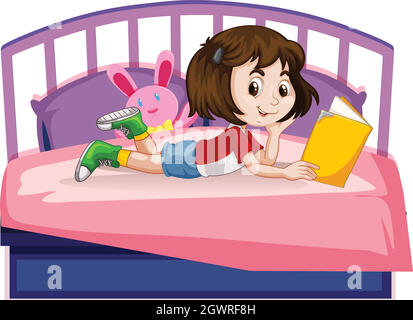 Young girl reading book on bed Stock Vector