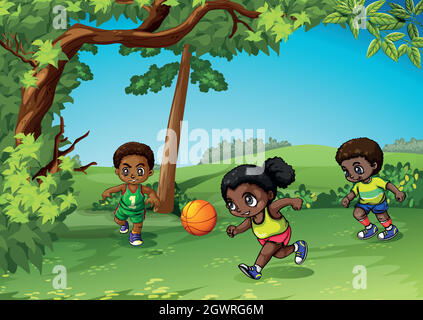 Three kids playing ball in the park Stock Vector