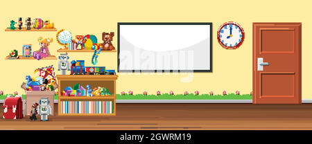 Background scene with whiteboard and toys Stock Vector